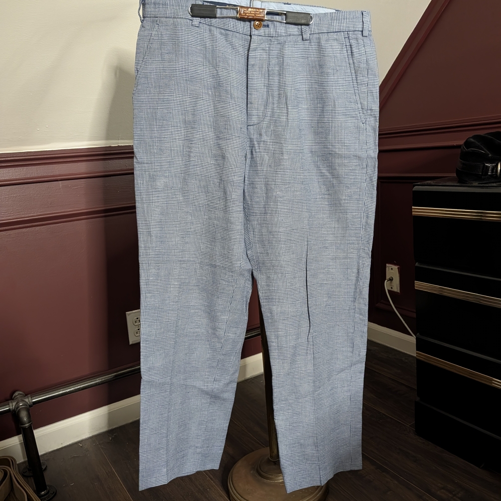 Brooks Brothers Baird McNutt Irish Linen Blue Houndstooth Plaid Pants 36